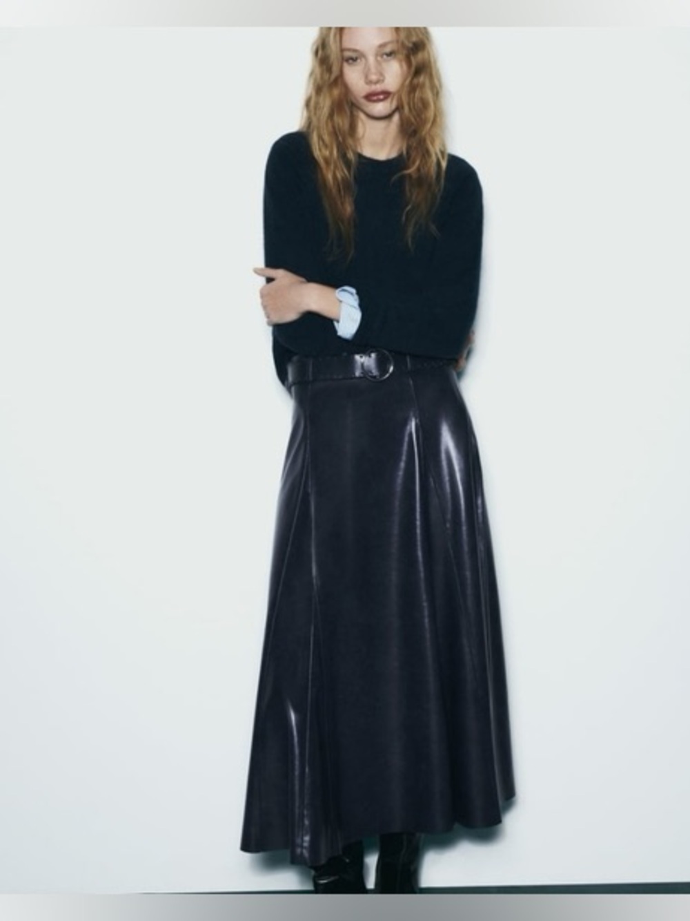 NWT Zara Black Faux Leather Midi Skirt - Elastic Waist ✨Size small